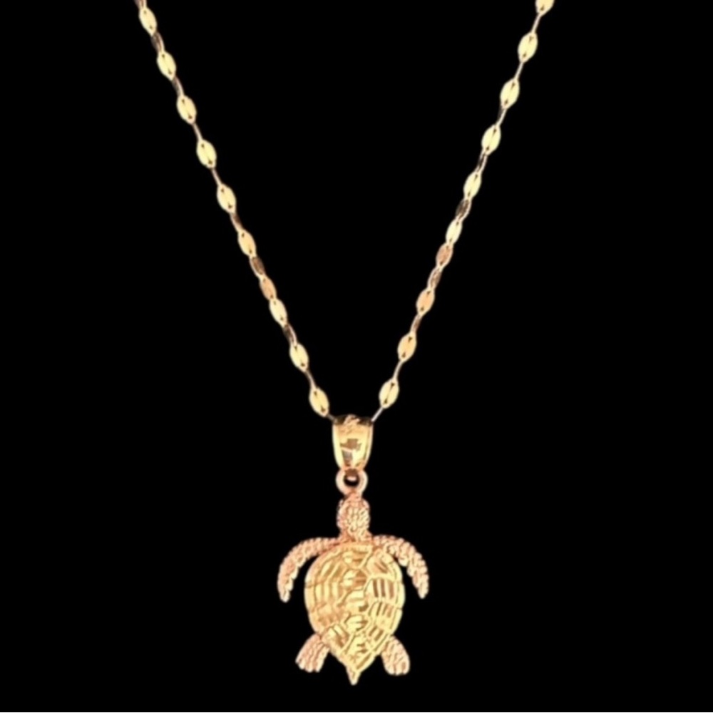 14K Two Tone Gold Diamond Cut Sea Turtle Charm Pendant